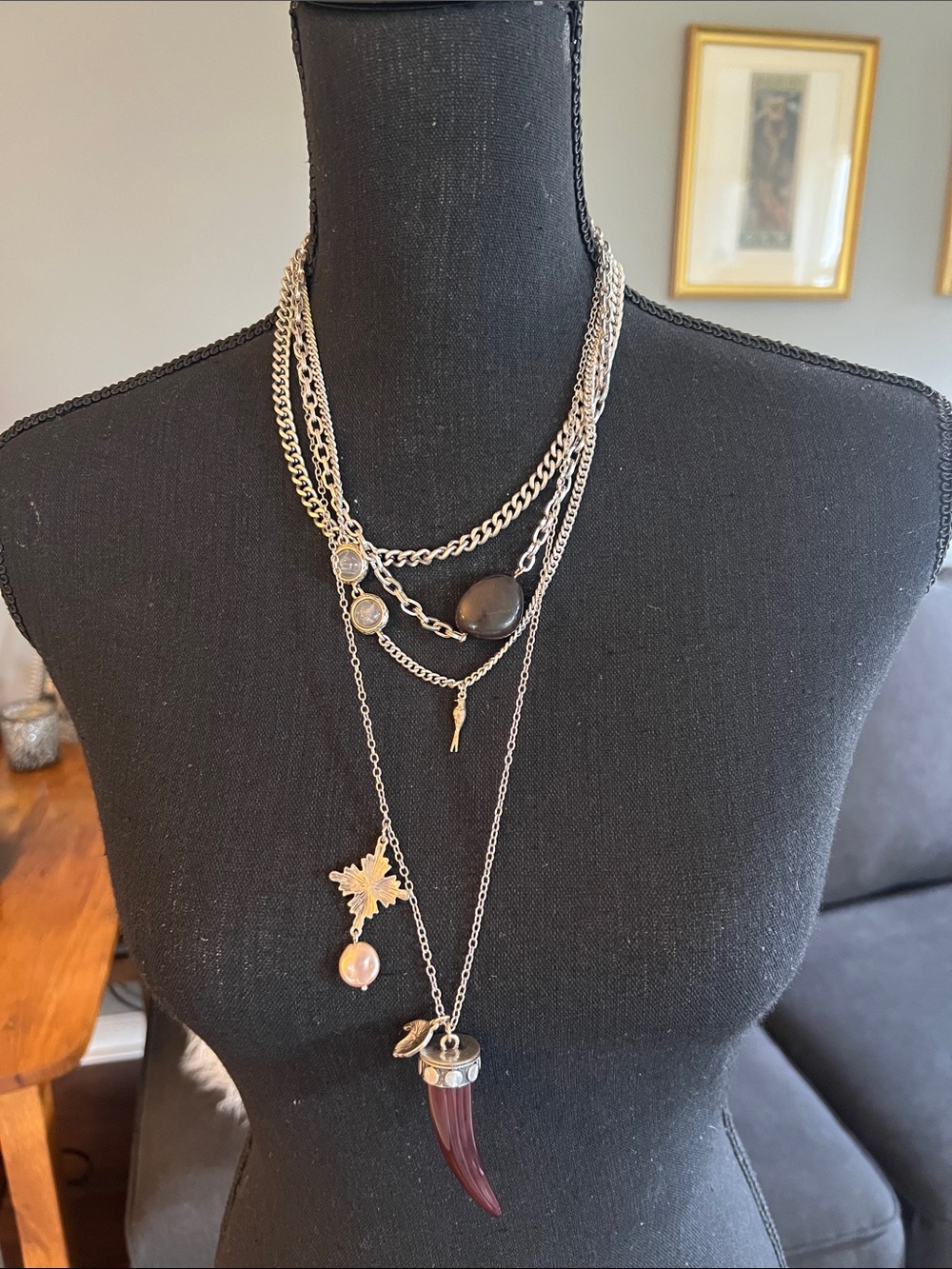 Free People Silver-Tone Layered Pendant Necklace with Black & Brown Horn Charm